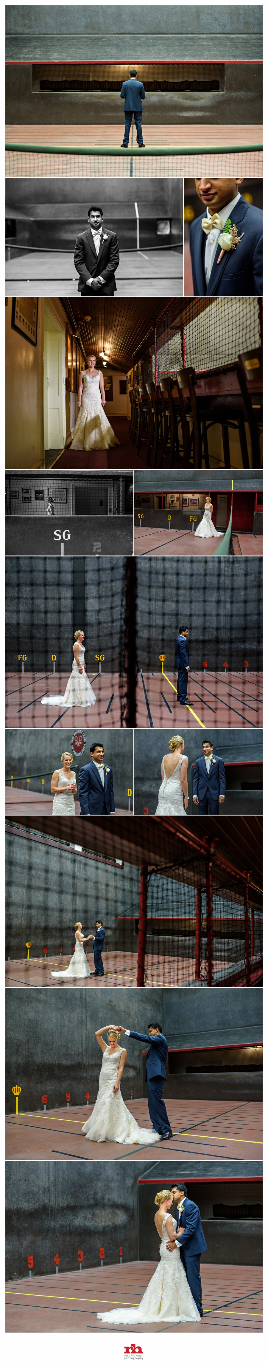 A Wedding Couple have their First Look on the Tennis Court at The Racquet Club of Philadelphia Wedding.